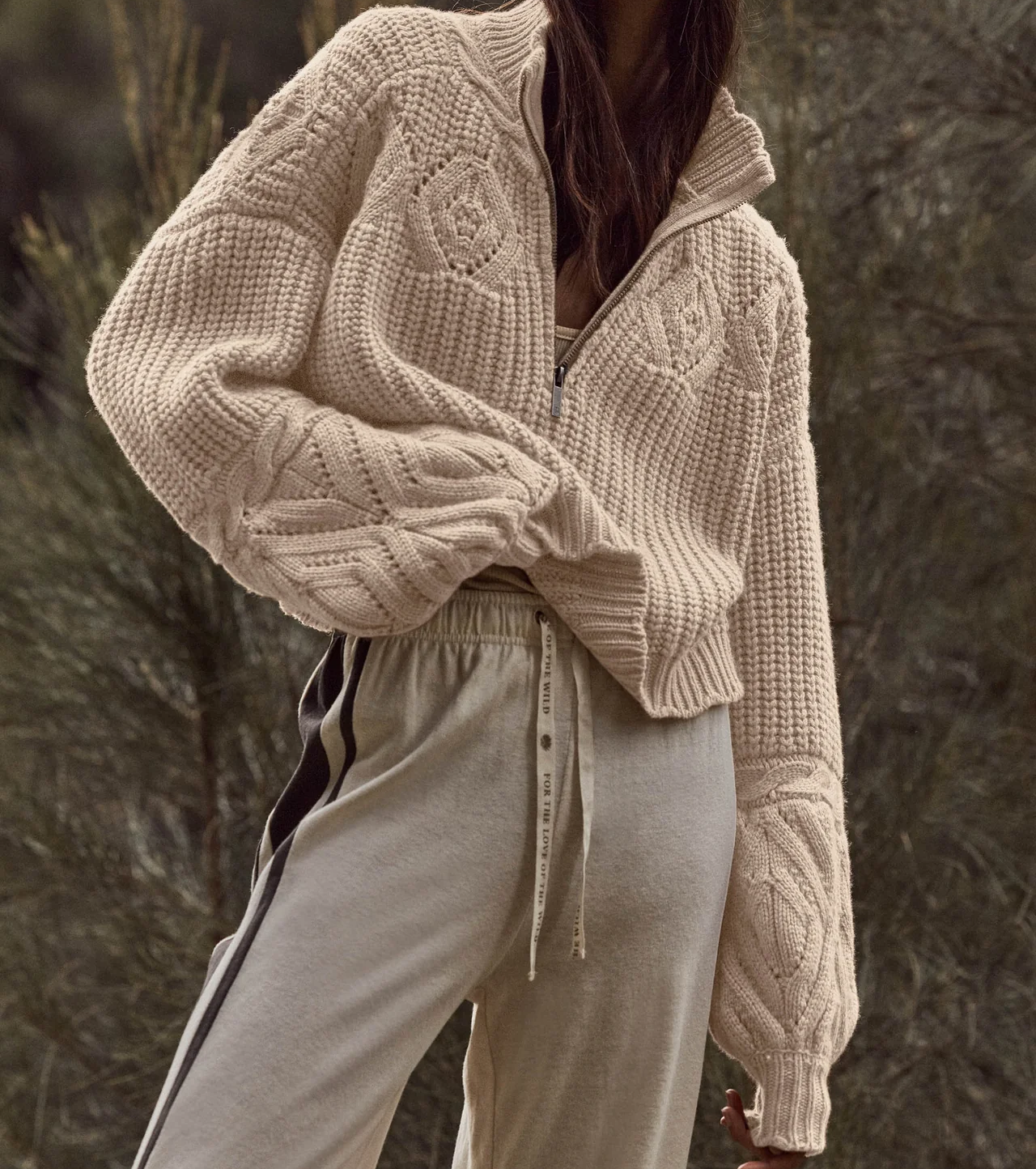 Half Zip High Collar Cable Knit Cropped Sweater