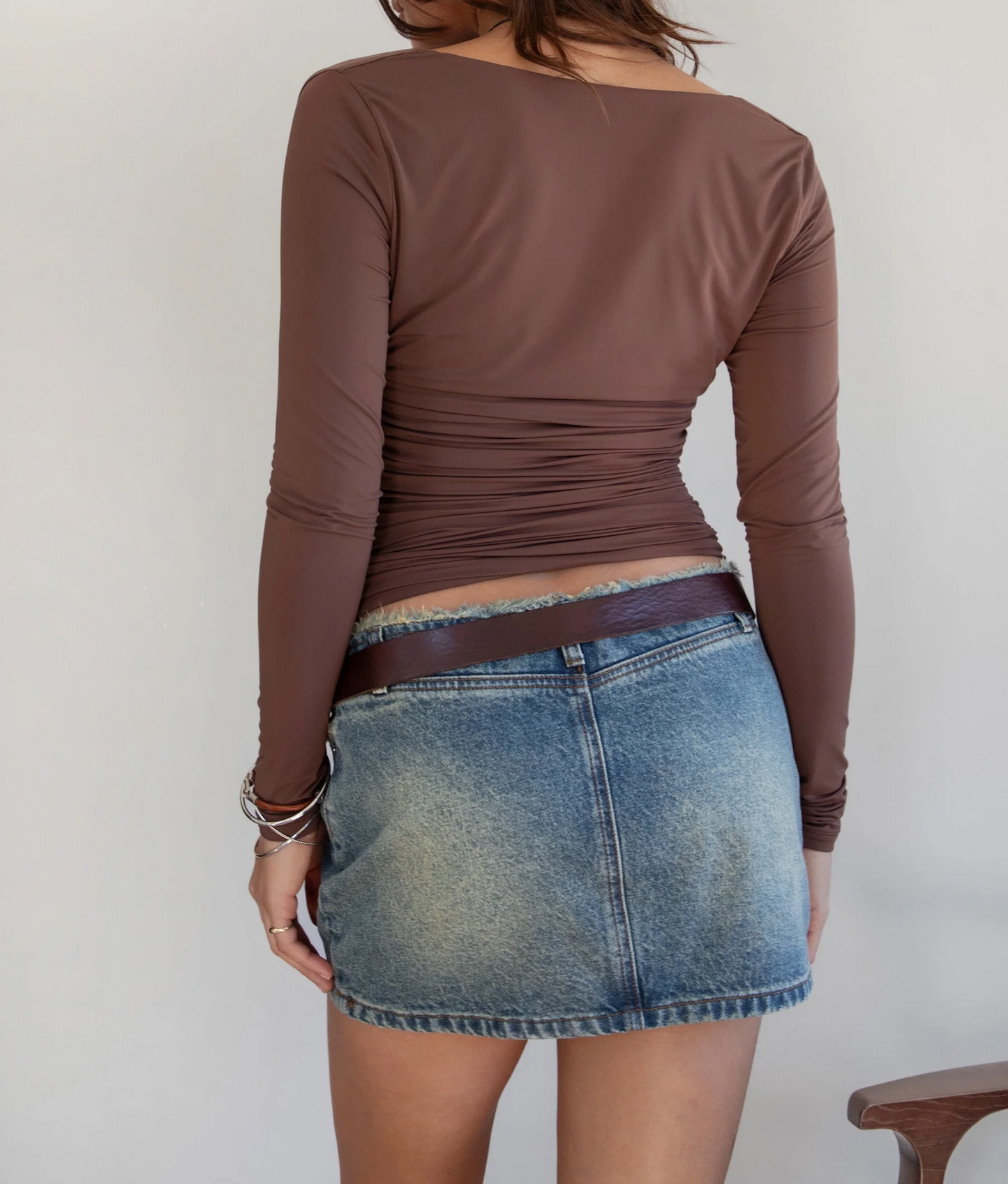 Draped Cowl Neck Side Ruched Long Sleeve Slim Fit Top