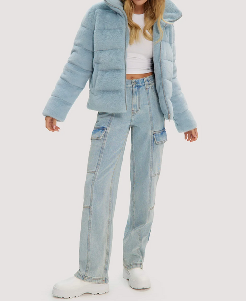 High Collar Zip Up Cropped Quilted Furry Jacket
