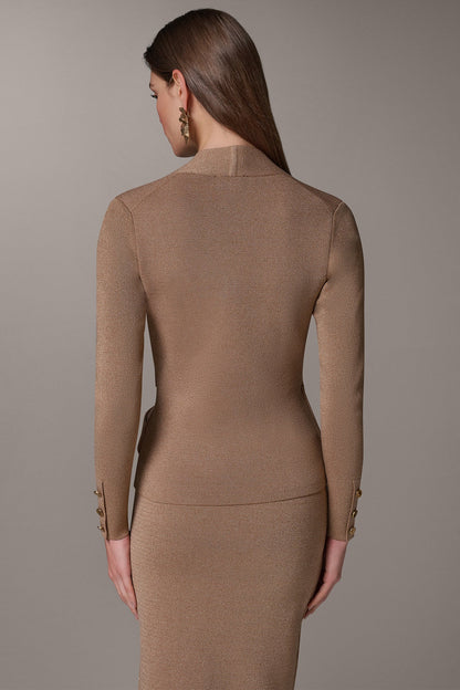 Wrap-Effect V-Neck Twist Waist Long Sleeve Knit Sweater