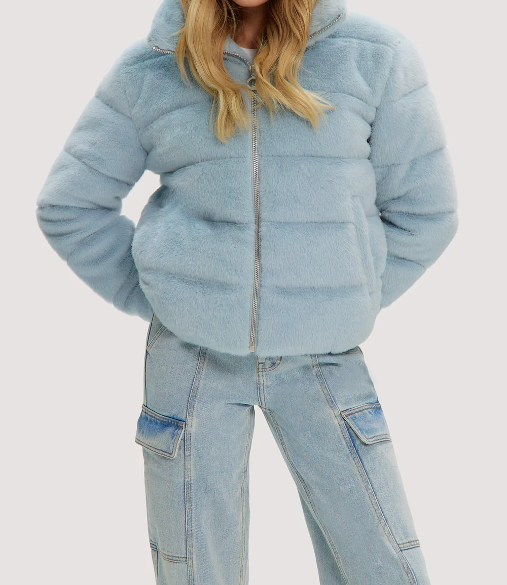 High Collar Zip Up Cropped Quilted Furry Jacket