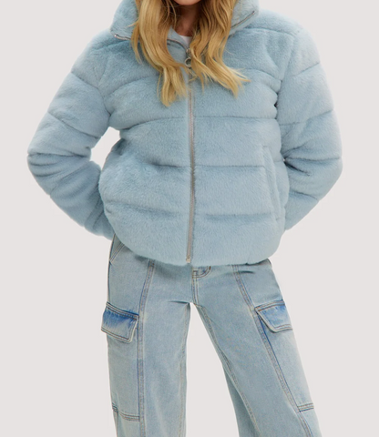 High Collar Zip Up Cropped Quilted Furry Jacket