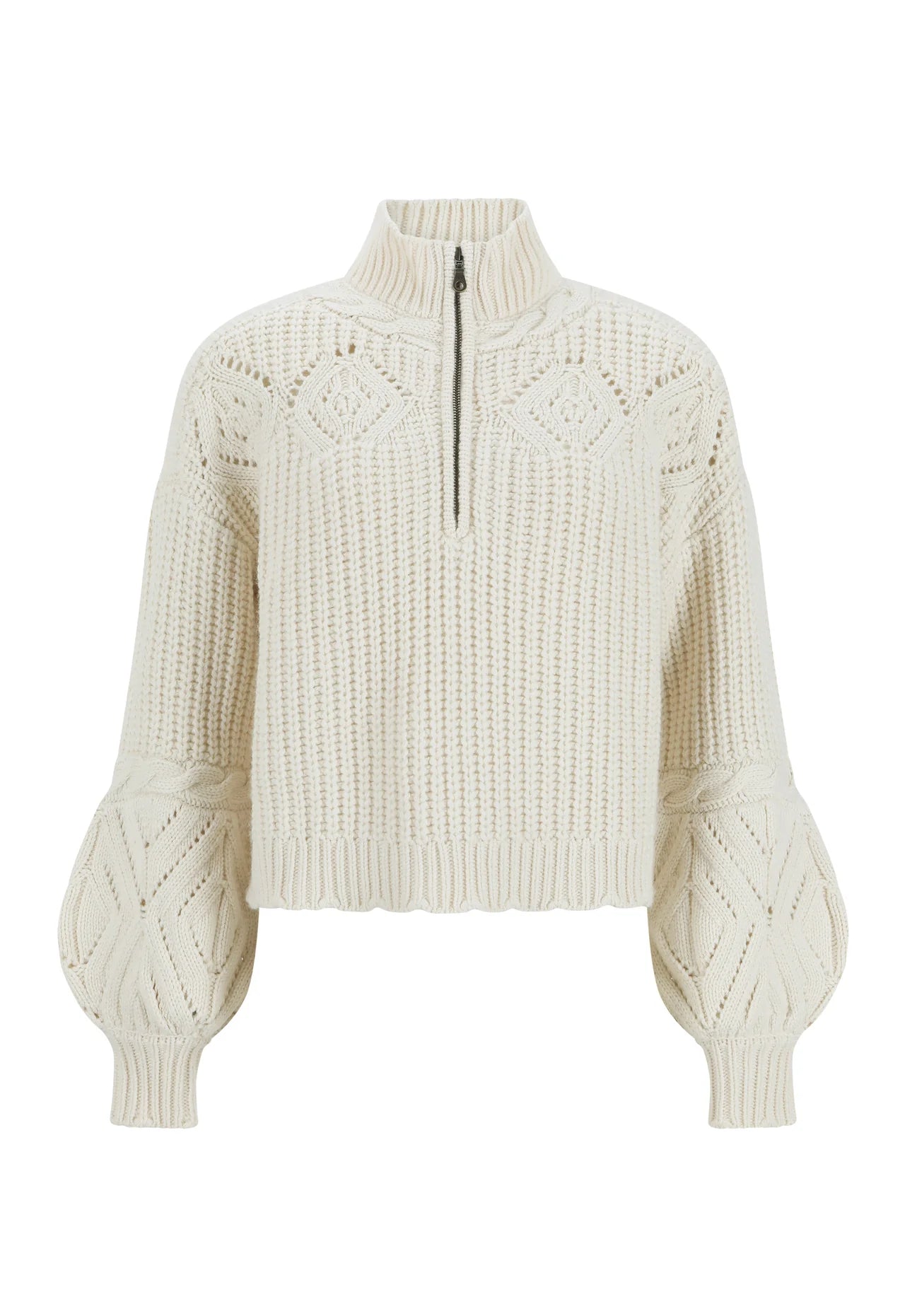 Half Zip High Collar Cable Knit Cropped Sweater