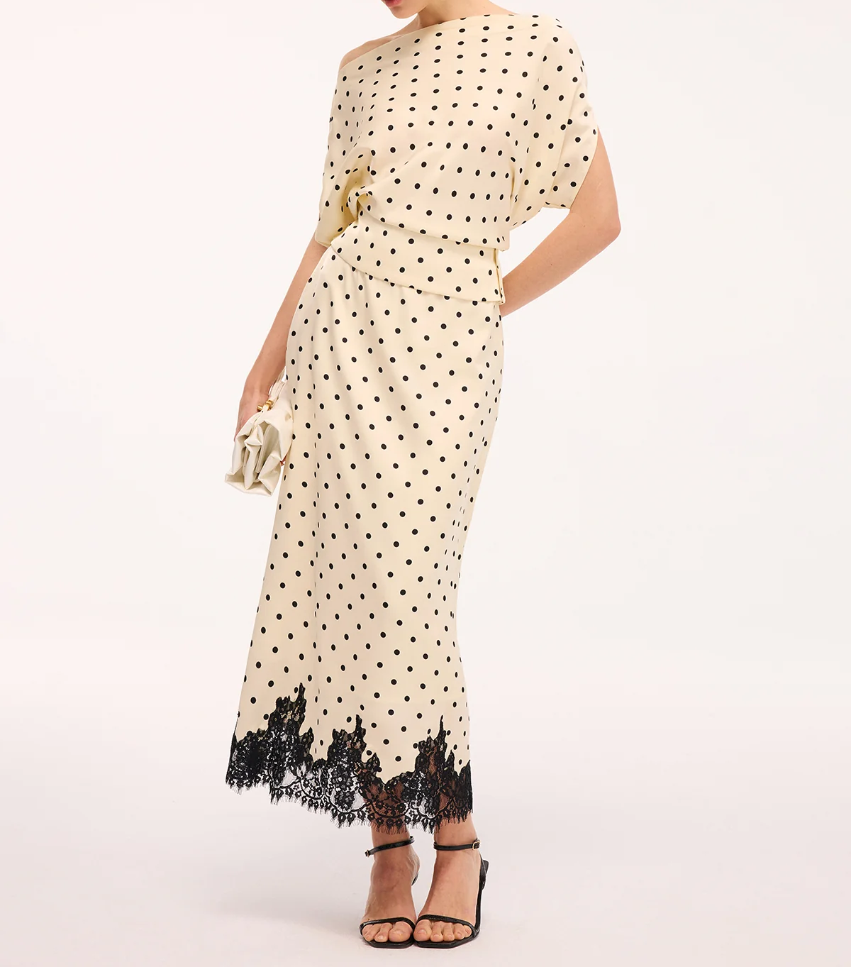Asymmetric Off Shoulder Polka Dot Top & Lace Trim Midi Skirt Set