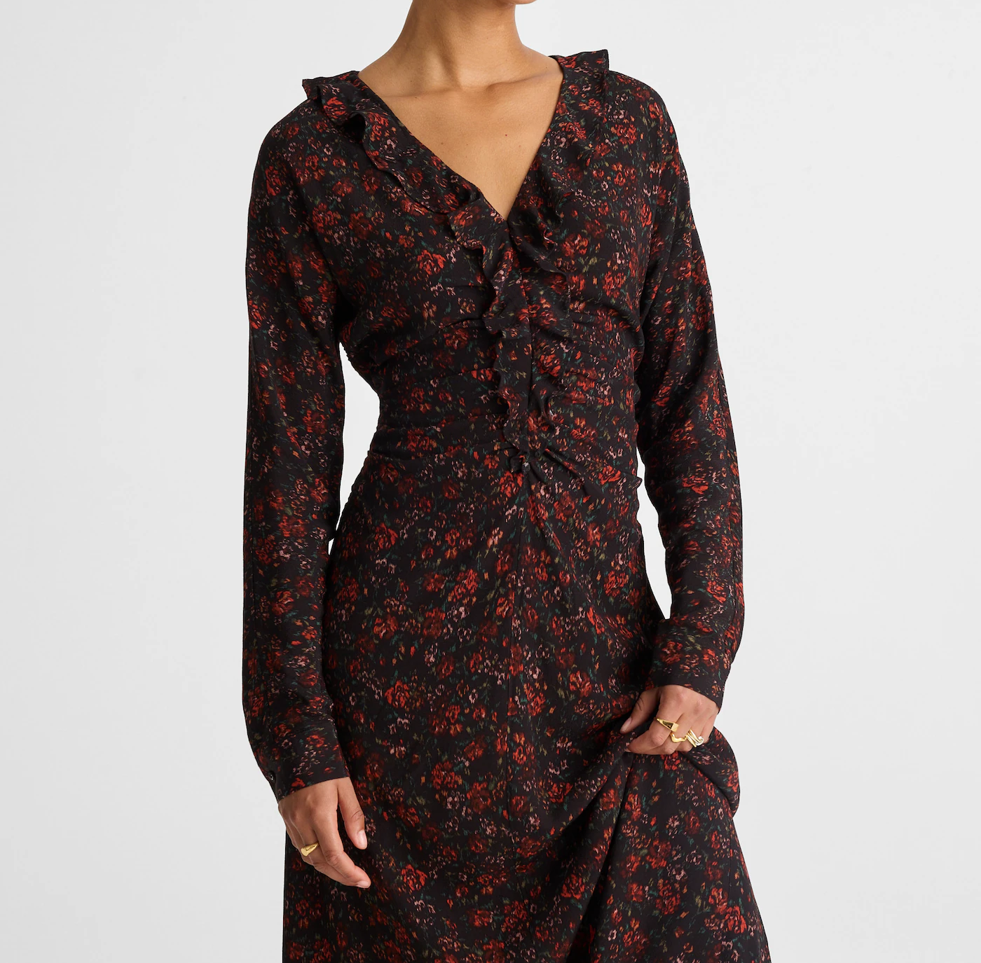 Floral Crepe Ruffle V-Neck Long Sleeve Ruched Waist Midi Dress