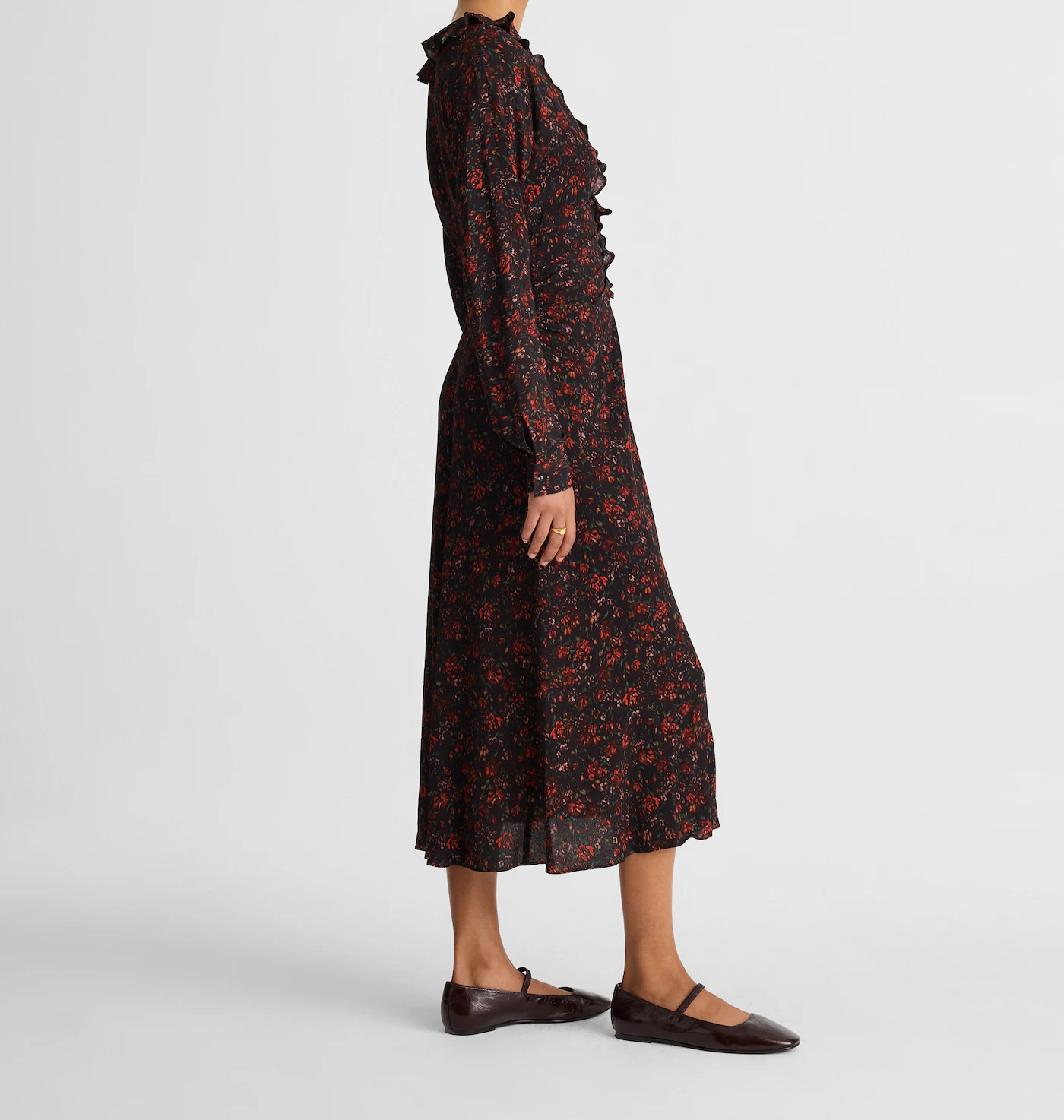Floral Crepe Ruffle V-Neck Long Sleeve Ruched Waist Midi Dress