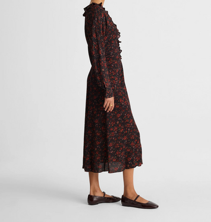 Floral Crepe Ruffle V-Neck Long Sleeve Ruched Waist Midi Dress