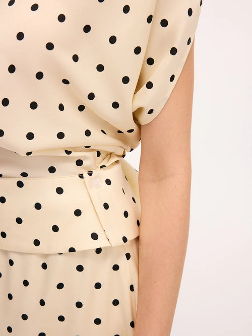 Asymmetric Off Shoulder Polka Dot Top & Lace Trim Midi Skirt Set