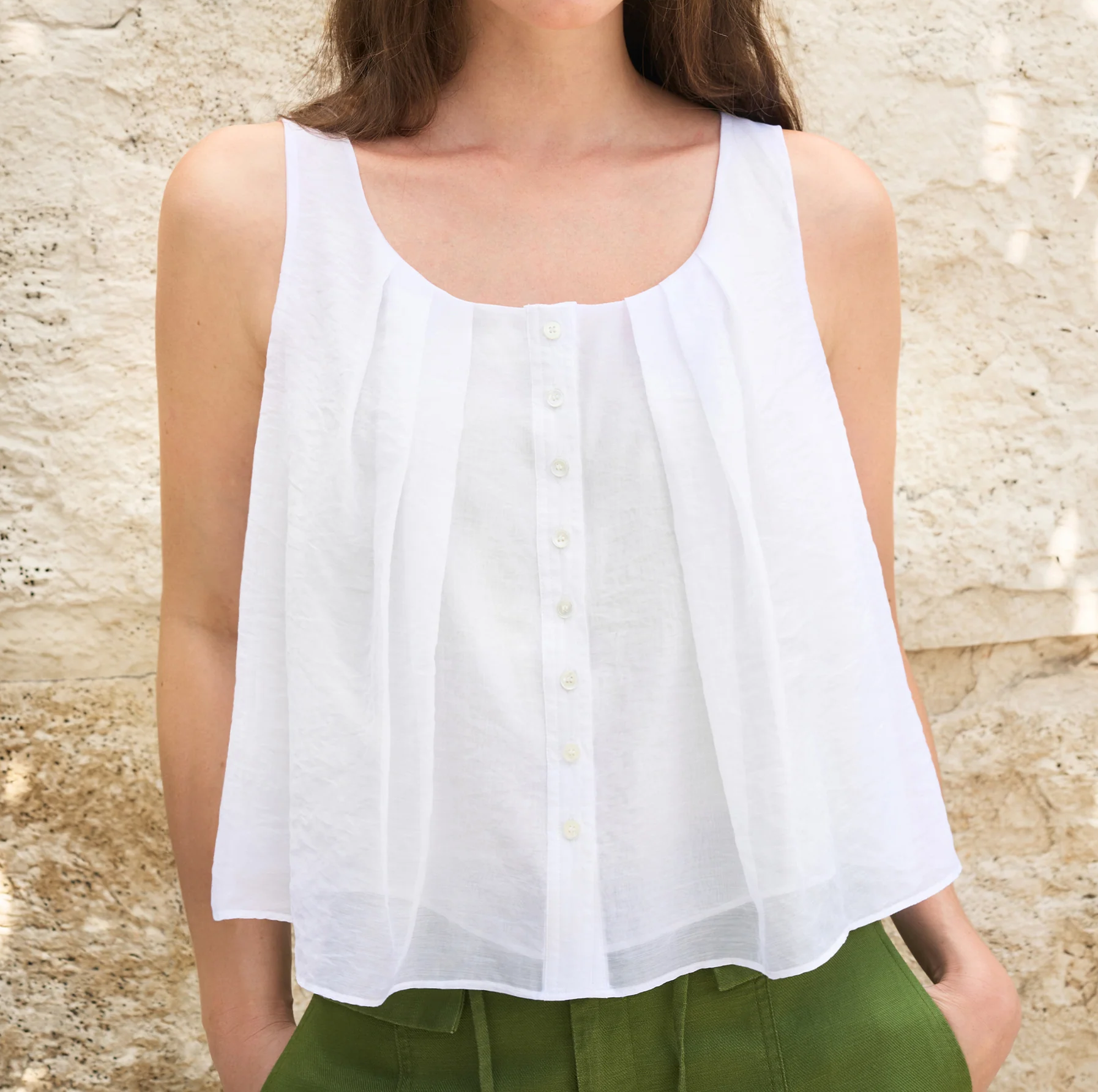 Pleated Front Sleeveless Button Down Tank Top