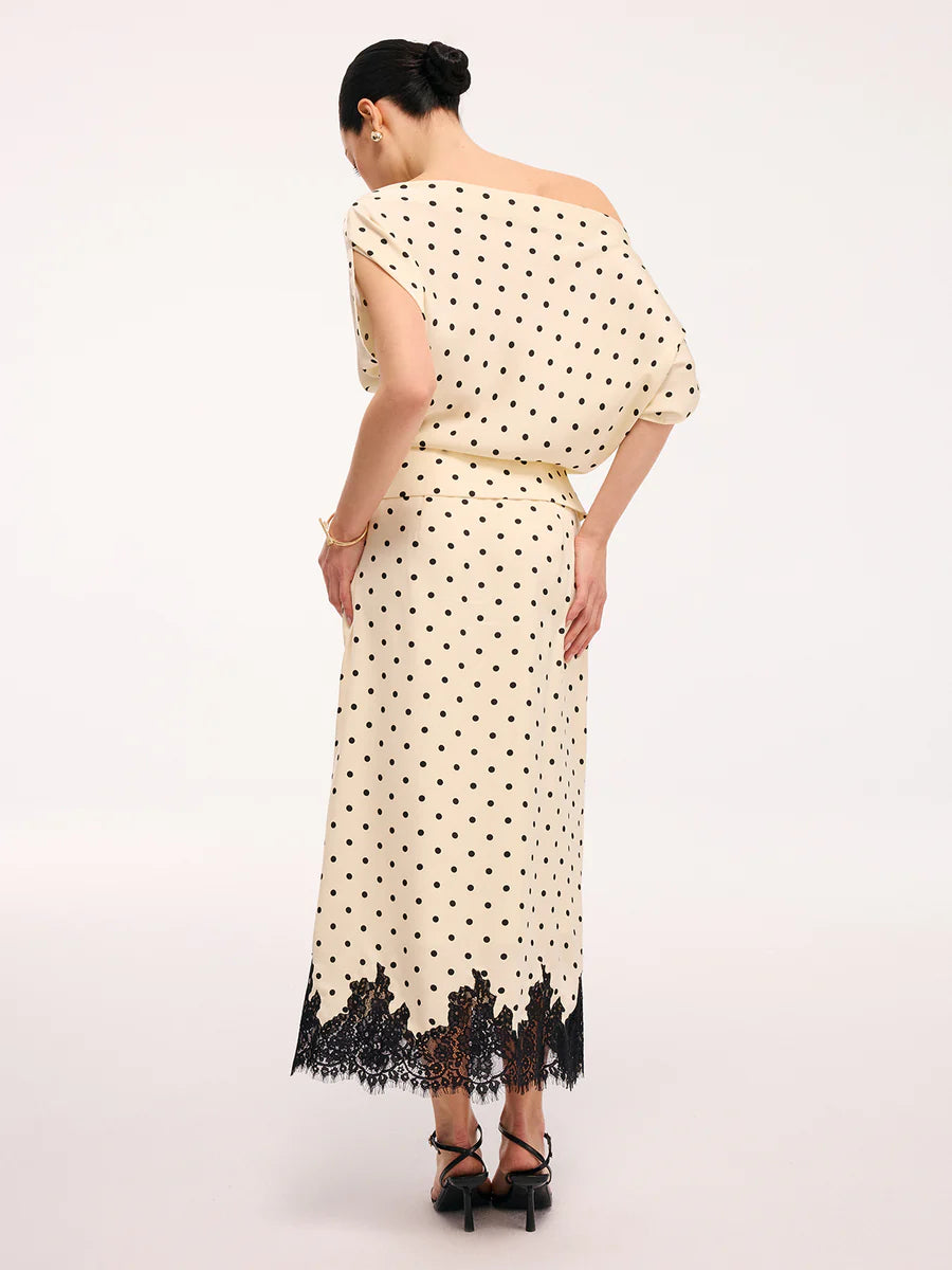 Asymmetric Off Shoulder Polka Dot Top & Lace Trim Midi Skirt Set