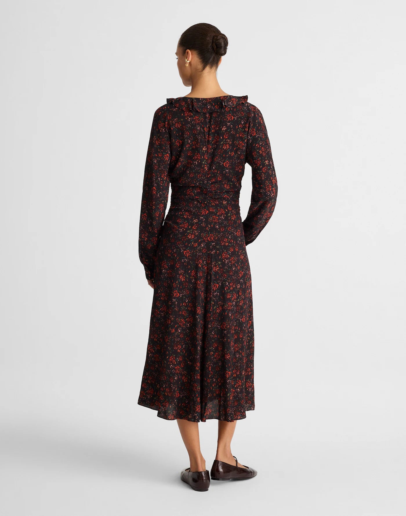 Floral Crepe Ruffle V-Neck Long Sleeve Ruched Waist Midi Dress