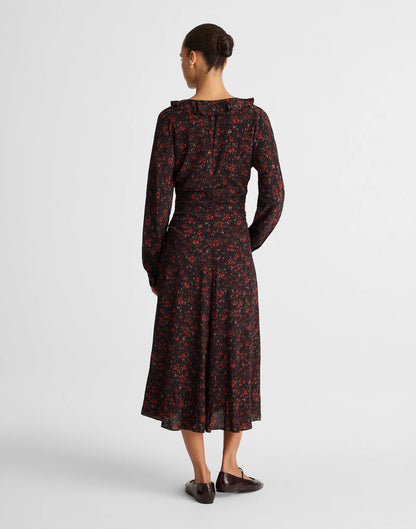 Floral Crepe Ruffle V-Neck Long Sleeve Ruched Waist Midi Dress