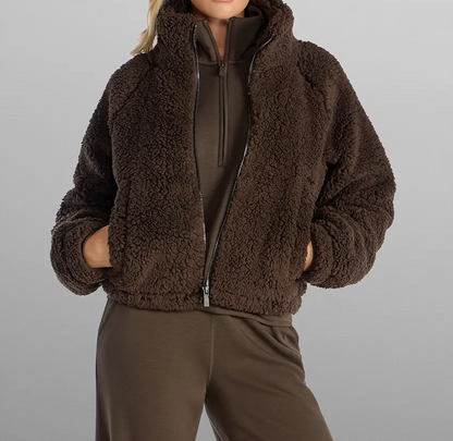 Stand Collar Zip Up Cropped Teddy Fleece Jacket