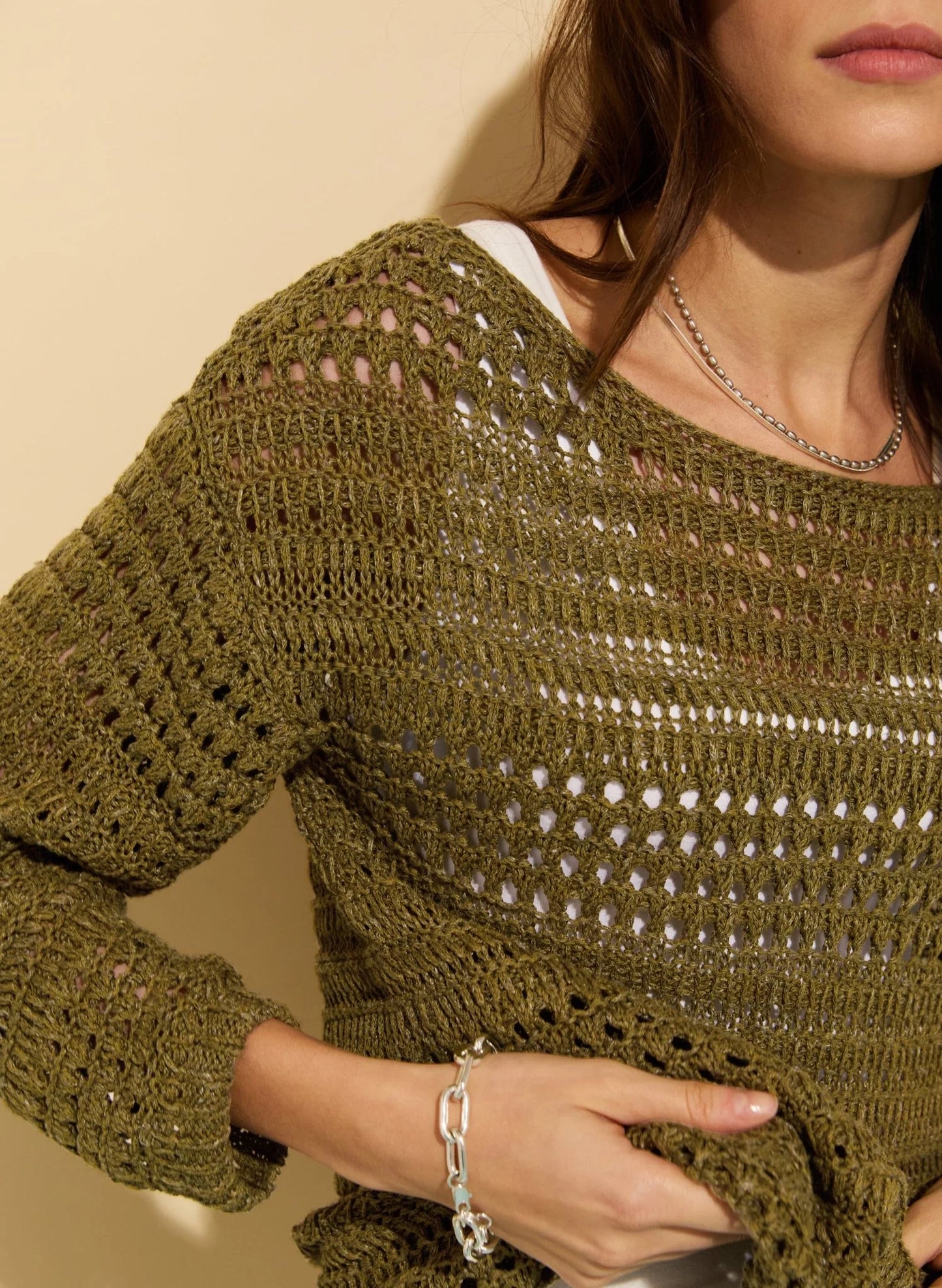 Slash Neck Openwork Linen Cotton Blend Long Sleeve Knit Jumper