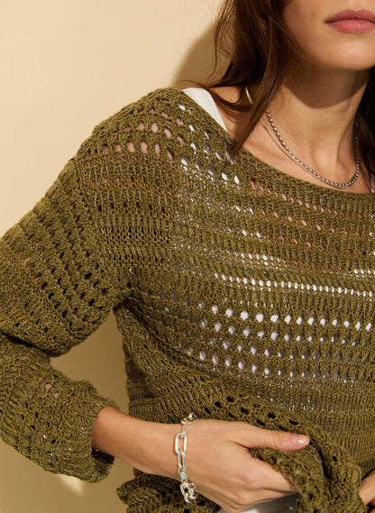 Slash Neck Openwork Linen Cotton Blend Long Sleeve Knit Jumper