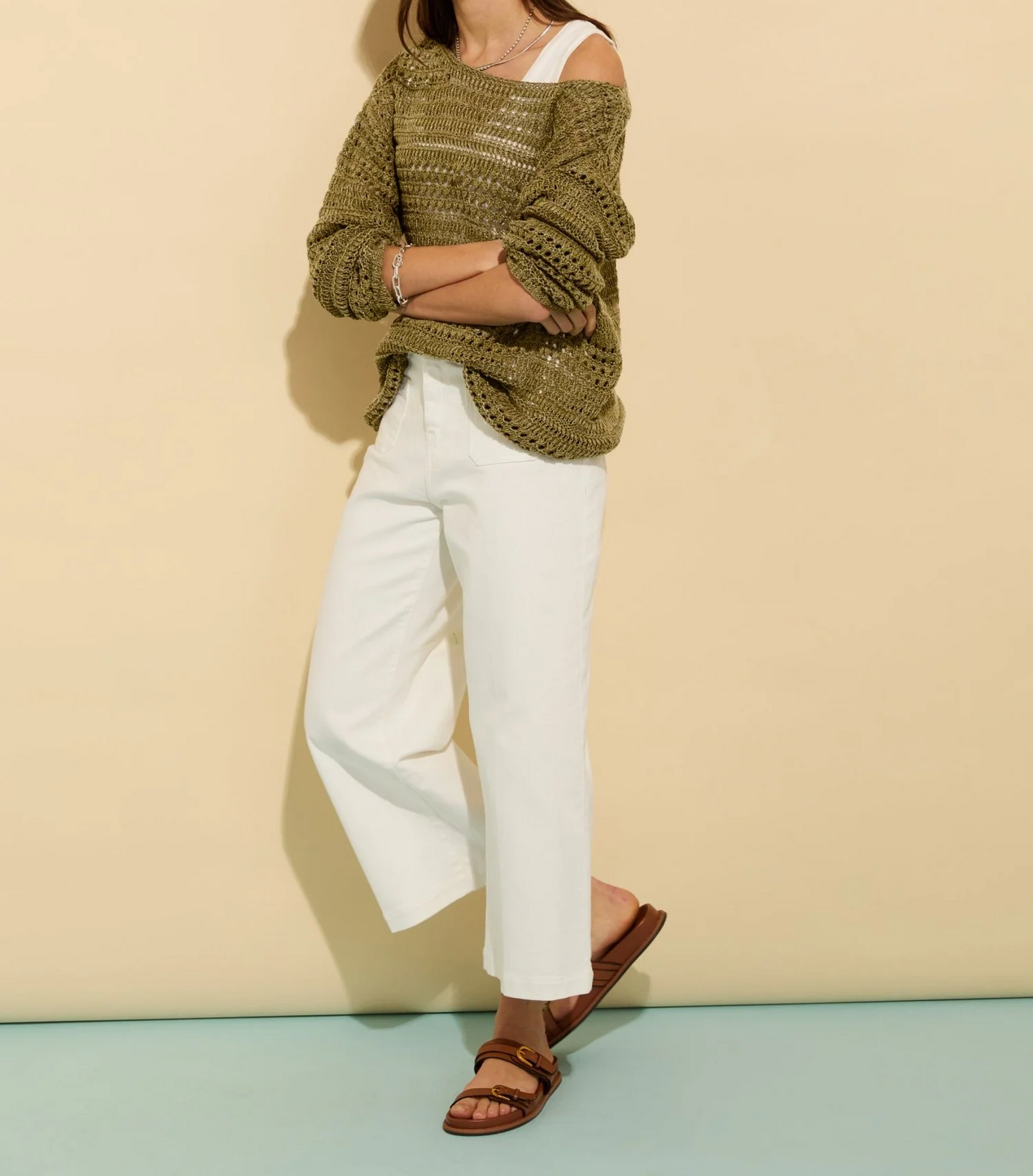 Slash Neck Openwork Linen Cotton Blend Long Sleeve Knit Jumper