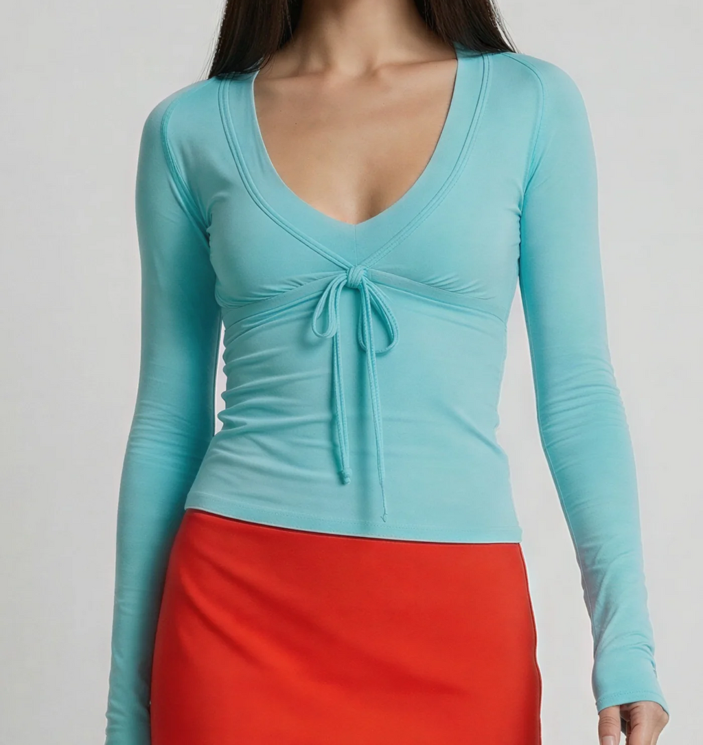 Drawstring Front V-Neck Long Sleeve Cropped Top