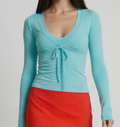 Drawstring Front V-Neck Long Sleeve Cropped Top