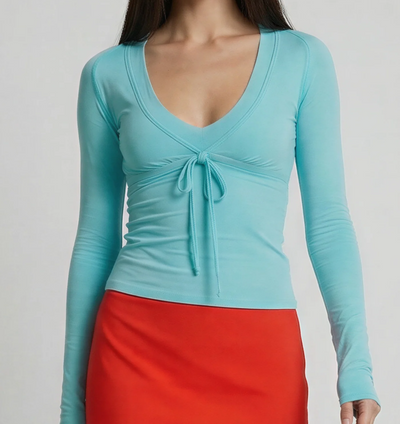 Drawstring Front V-Neck Long Sleeve Cropped Top