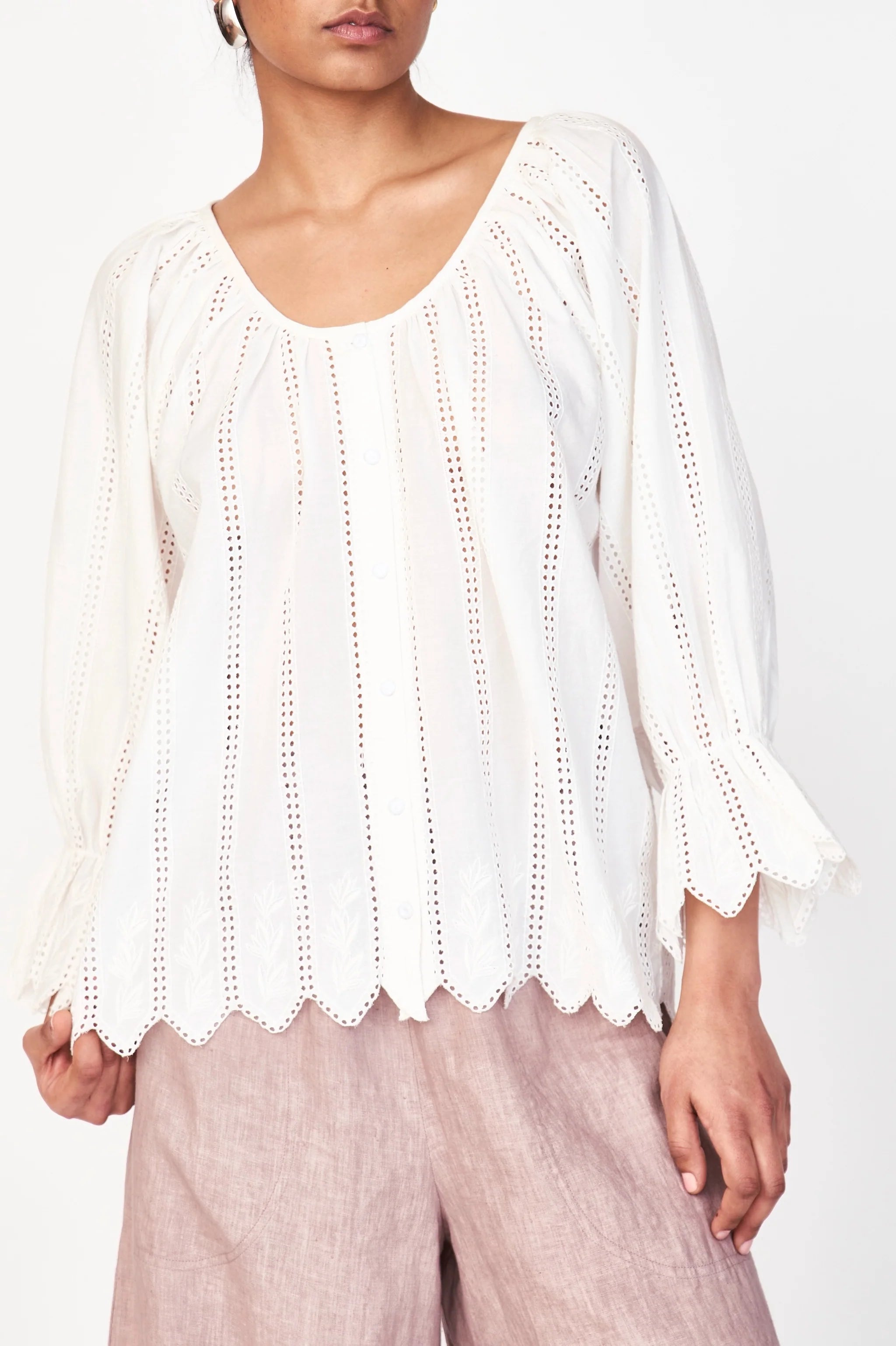 Scalloped Eyelet Scoop Neck 3/4 Sleeve Blouse