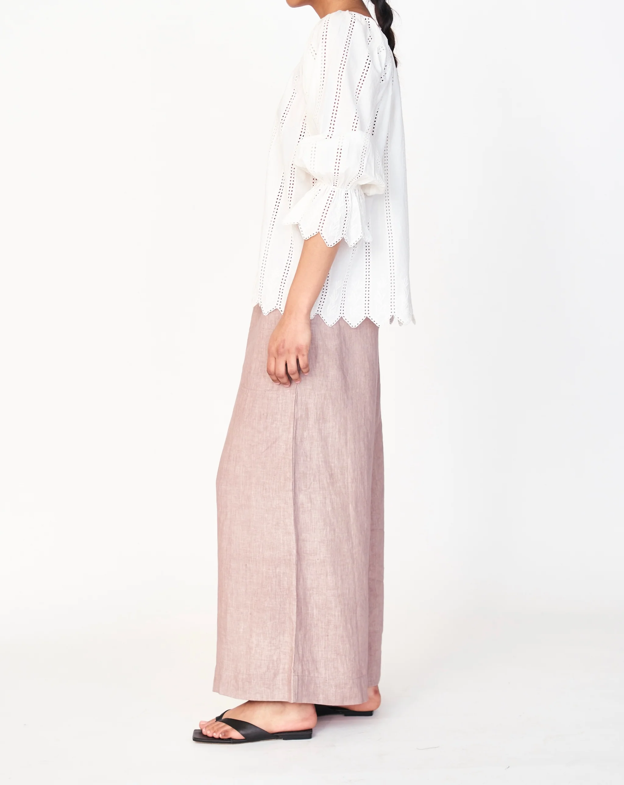 Scalloped Eyelet Scoop Neck 3/4 Sleeve Blouse