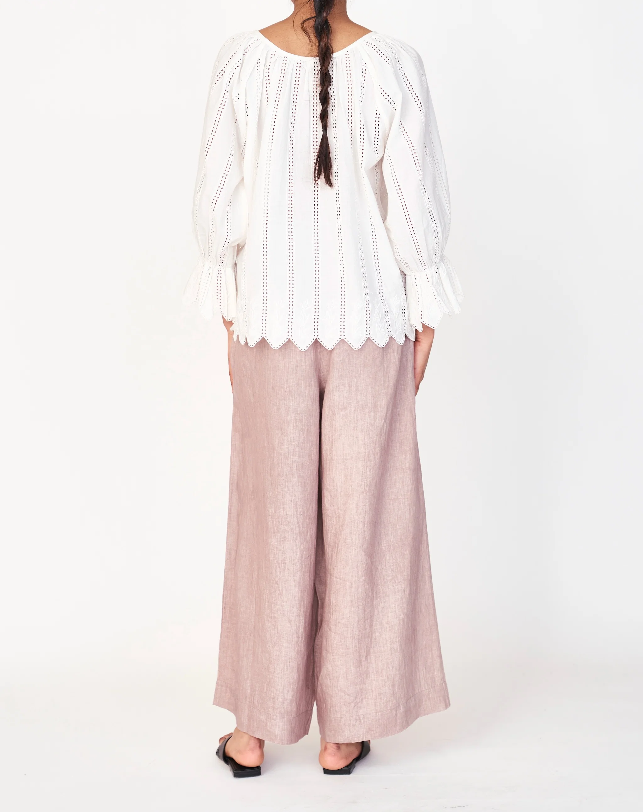 Scalloped Eyelet Scoop Neck 3/4 Sleeve Blouse