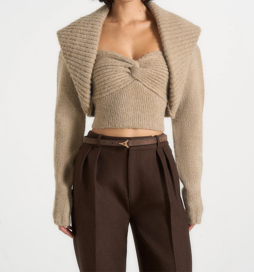 Twisted Bandeau Top With Oversized Collar Knit Shrug Set