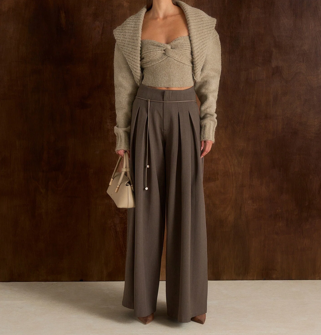Twisted Bandeau Top With Oversized Collar Knit Shrug Set